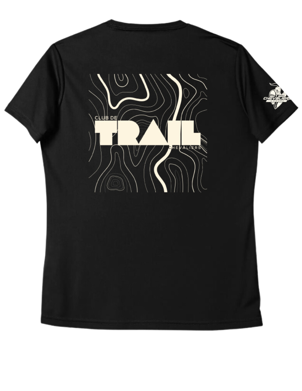 ESBTrail00 - Chandail noir en tissu technique à manches-courtes col en V - Club de trail des chevaliers