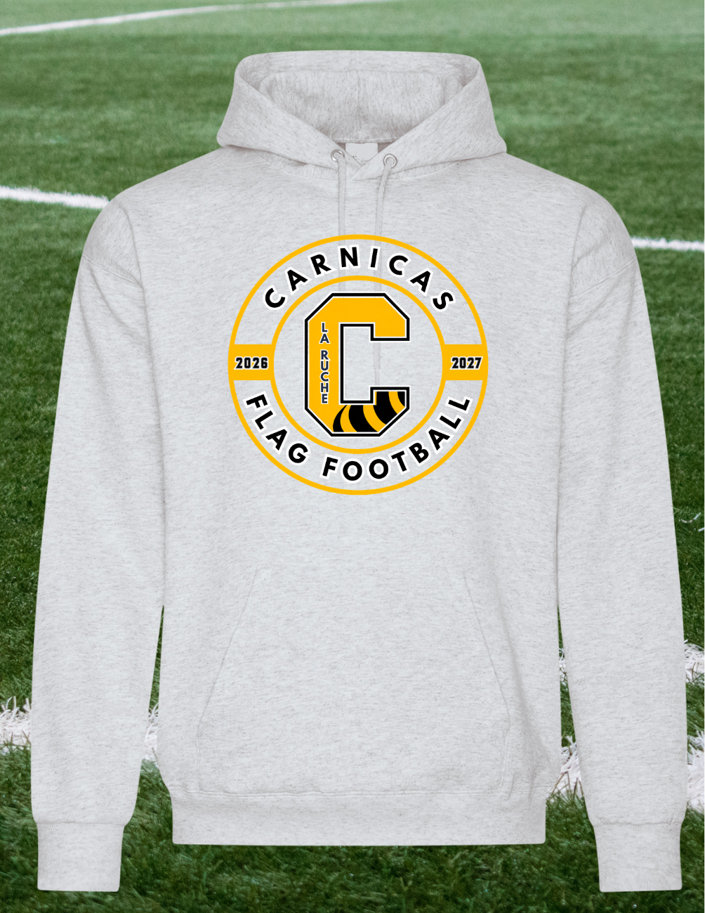 2500CFFR - Carnicas Flag Football - Hoodie beige Carnicas logo rond